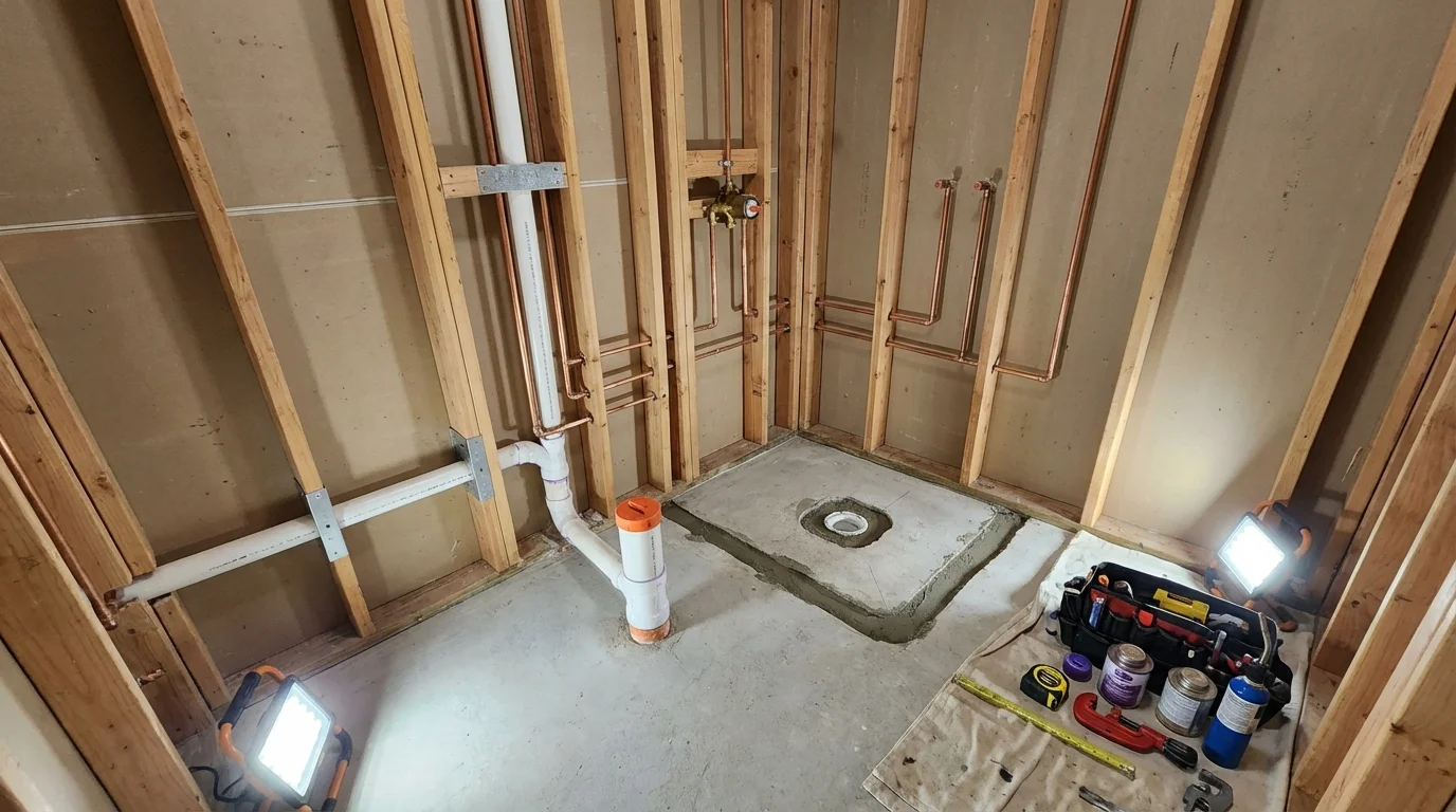 Bathroom rough-in plumbing during remodel by Johns Plumbing LLC in Bergen