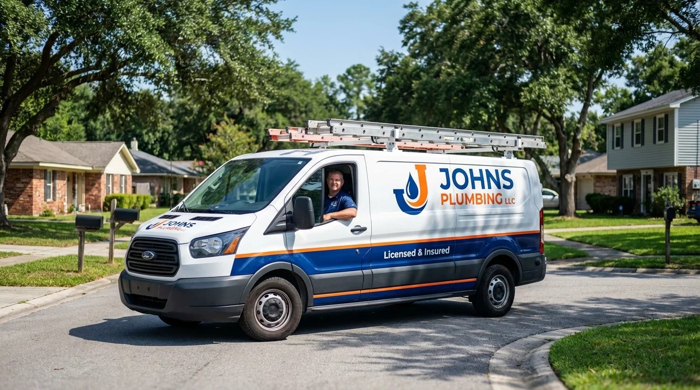 Johns Plumbing LLC service van in Bergen, NY