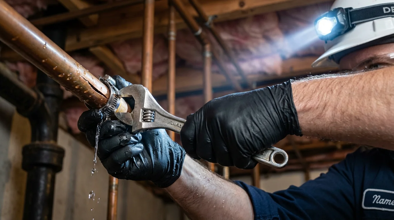 Emergency pipe clamp repair being performed by a Johns Plumbing LLC plumber in Bergen