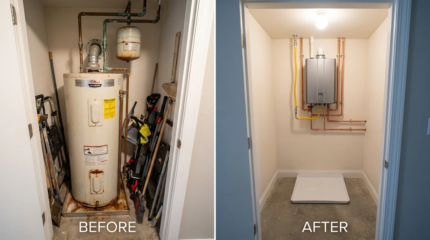 Tank water heater versus wall-mounted tankless unit comparison for Bergen, NY homeowners