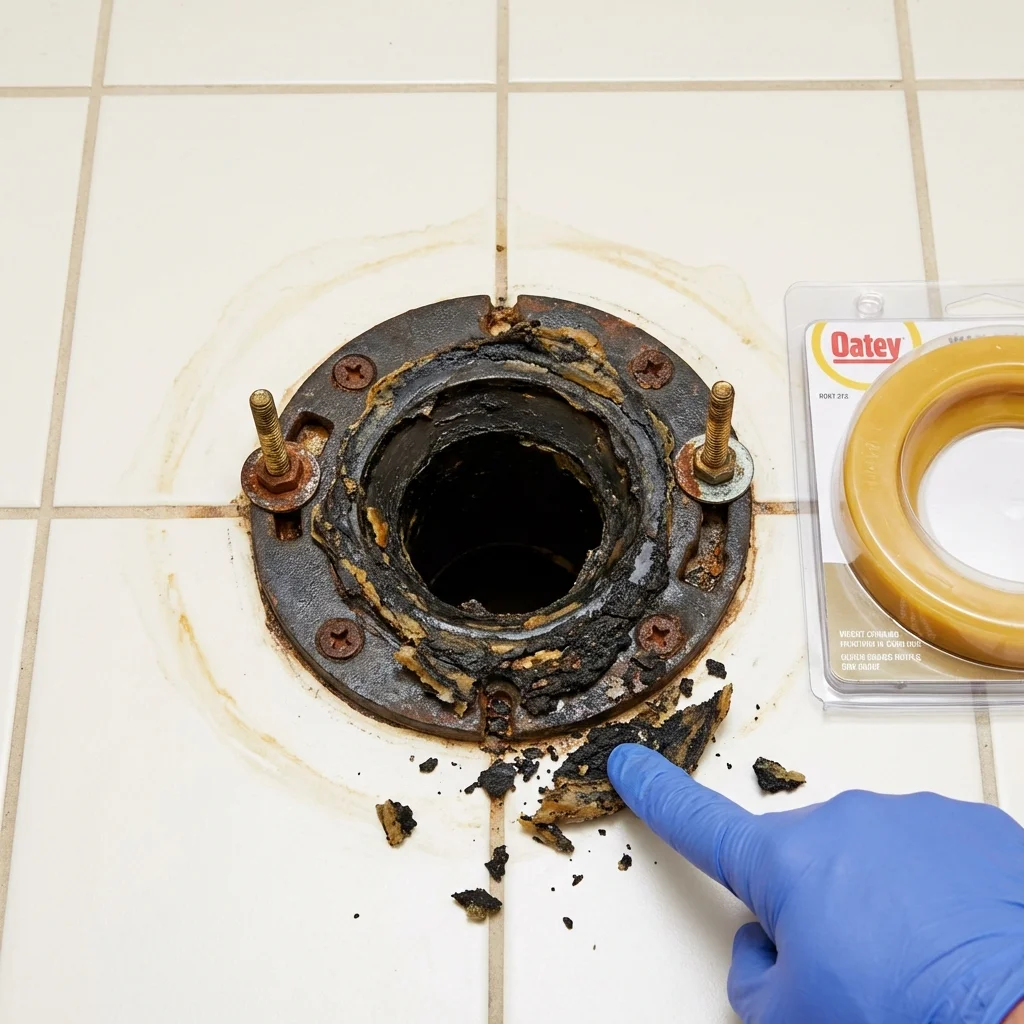 Failed wax ring showing water seepage at the base of a toilet in a Bergen, NY home