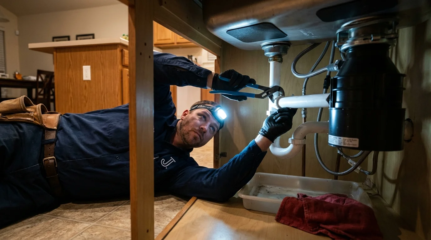 P-trap and supply line connections under a kitchen sink showing a common leak point in Bergen, NY